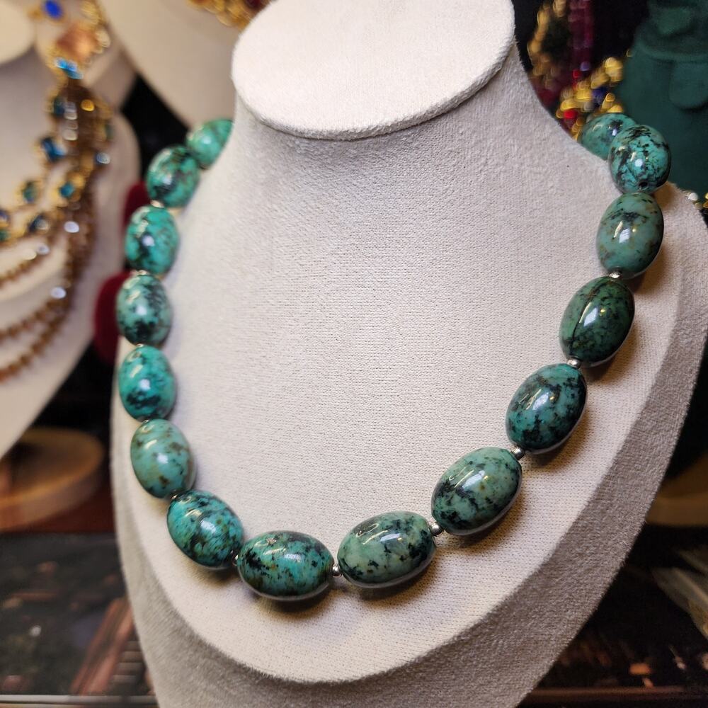 African Turquoise Jasper Necklace Oval Beaded Gemstone Sterling Silver Southwest - Picture 4 of 11